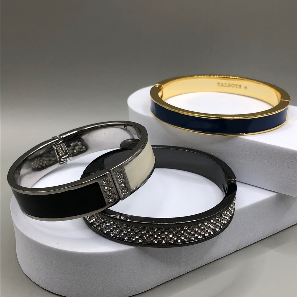 Ann Taylor Talbots + Clamper Hinge Bangle Bracelets 3 Enamel Rhinestones Dressy